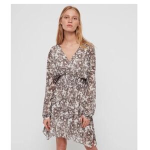 ALLSAINTS Nichola Rosa Mini Dress Grey Floral Smocked Waist V-Neck Large